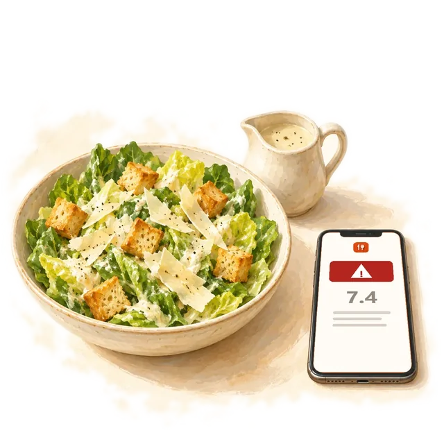 A Caesar salad beside a phone showing a warning sign above the score