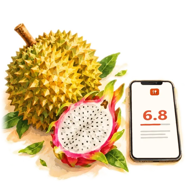 A durian and a cut dragon fruit beside a phone showing 6.8