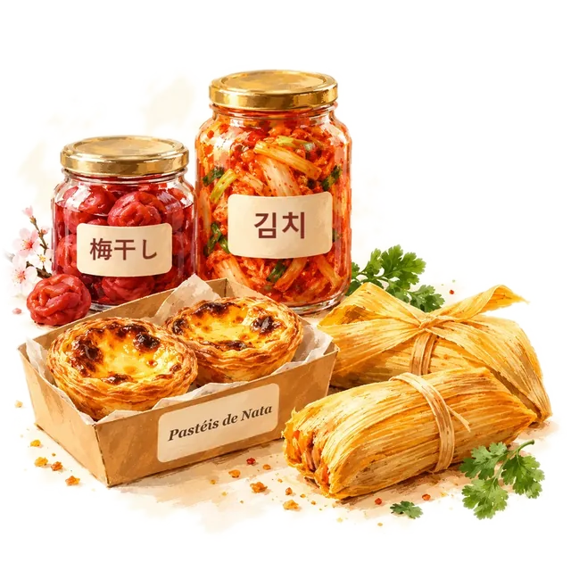 Jars labelled in Japanese and Korean, Portuguese custard tarts and tamales