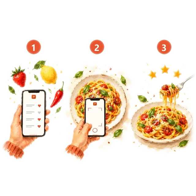Three numbered scenes: choosing foods on a phone, photographing a plate of pasta, rating it with stars