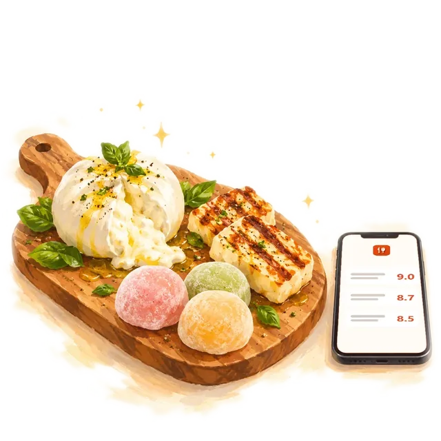 Burrata, grilled halloumi and mochi on a board beside a phone with three high scores