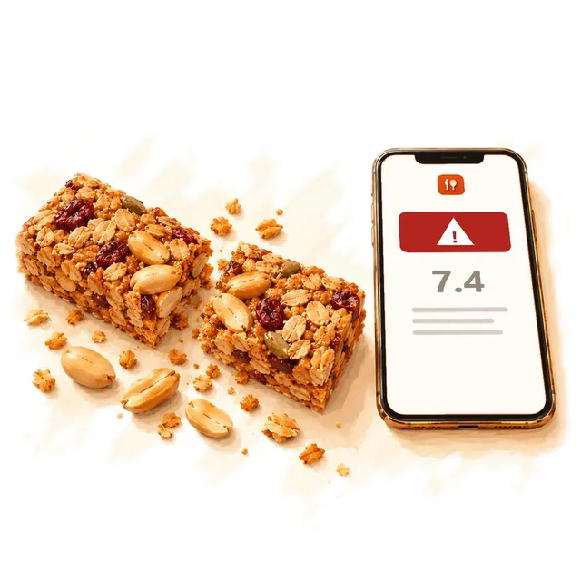 Nut bars beside a phone showing a warning sign above the score