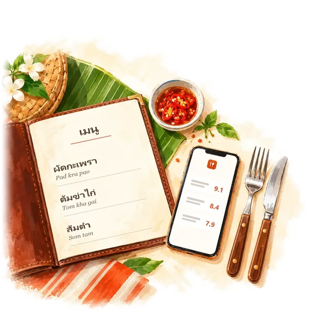 A Thai menu beside a phone that ranks its dishes 9.1, 8.4 and 7.9