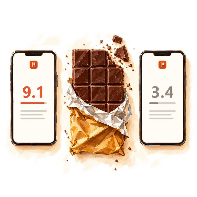 One bar of chocolate between two phones, one showing 9.1 and the other 3.4