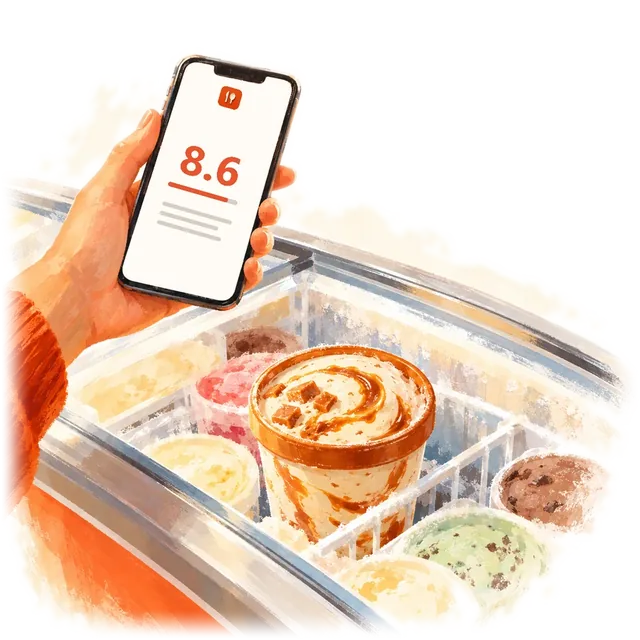 A phone above a supermarket freezer shows a score of 8.6 for a tub of ice cream