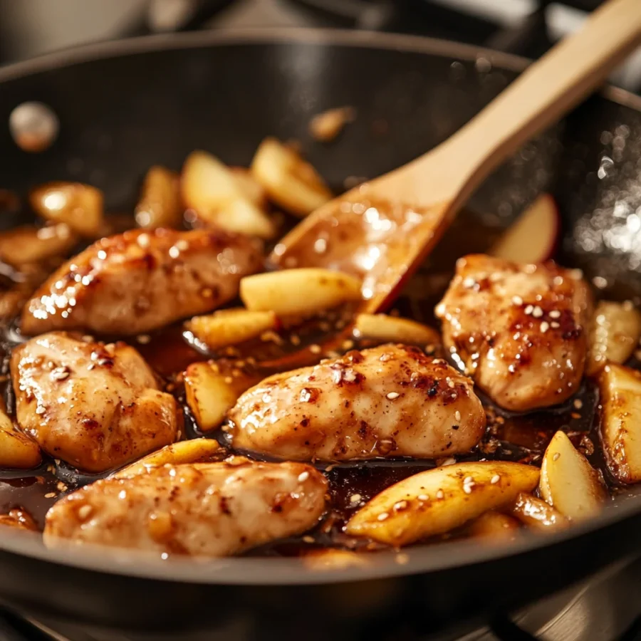 The cooking process from start to finish of Apple and Honey Glazed Chicken Tenders.