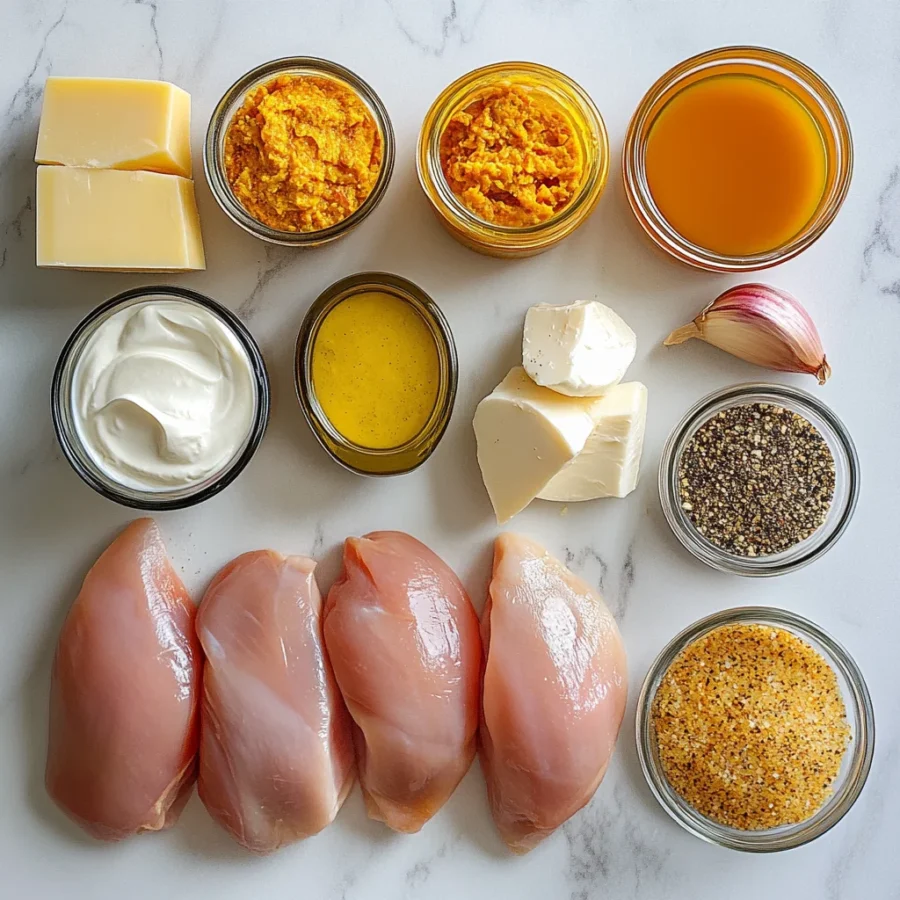 Ingredients for Churu Chicken Amarillo: chicken, Aji Amarillo paste, onion, garlic, broth, cream, cheese, and spices