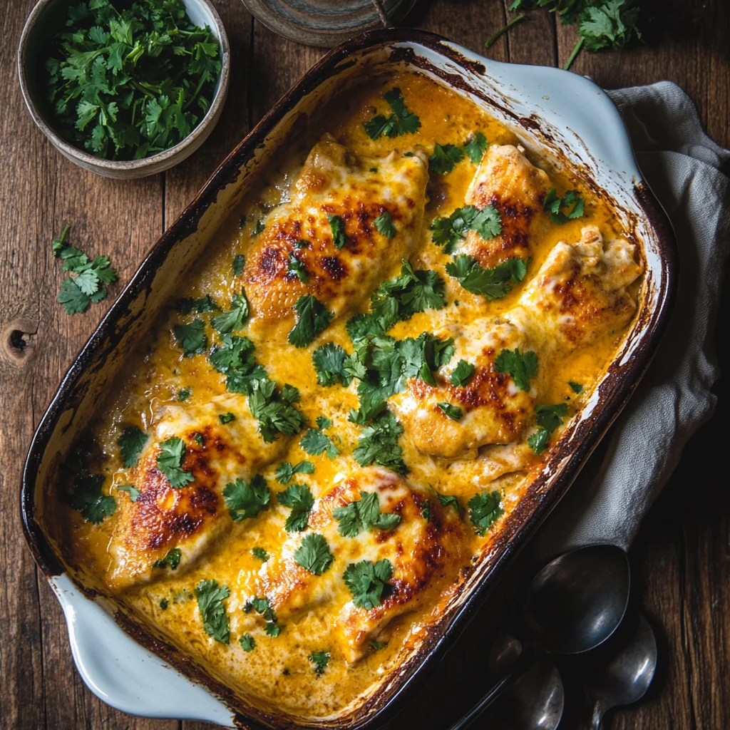 Cheesy Churu Chicken Amarillo in a baking dish, garnished with cilantro