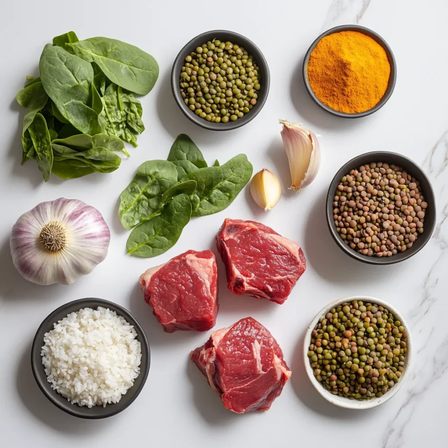 "Ingredients for Lebanese Lamb, Lentils, Rice, and Spinach"