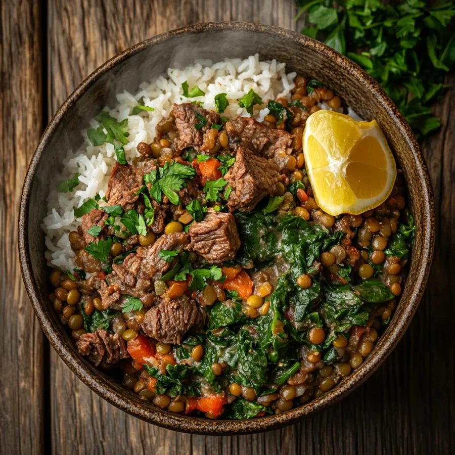 "Lebanese Lamb, Lentils, Rice, and Spinach served in a rustic bowl"