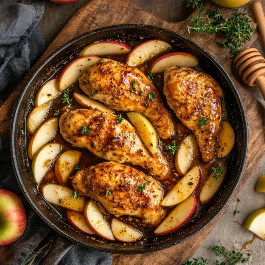 Close-up of apple and honey glazed chicken tenders, garnished with fresh herbs, in a rustic skillet
