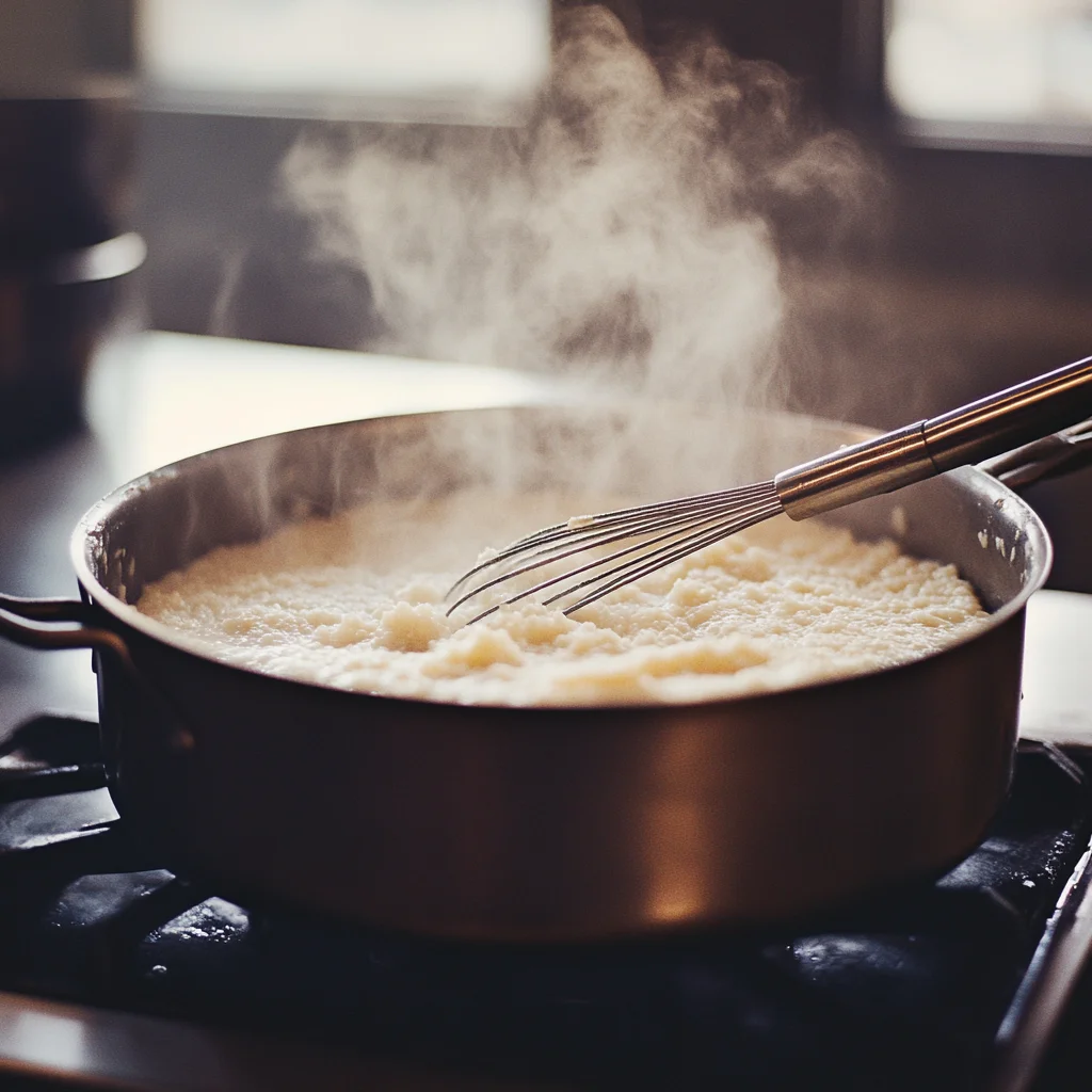 Creamy grits cooking in a saucepan on the stove.