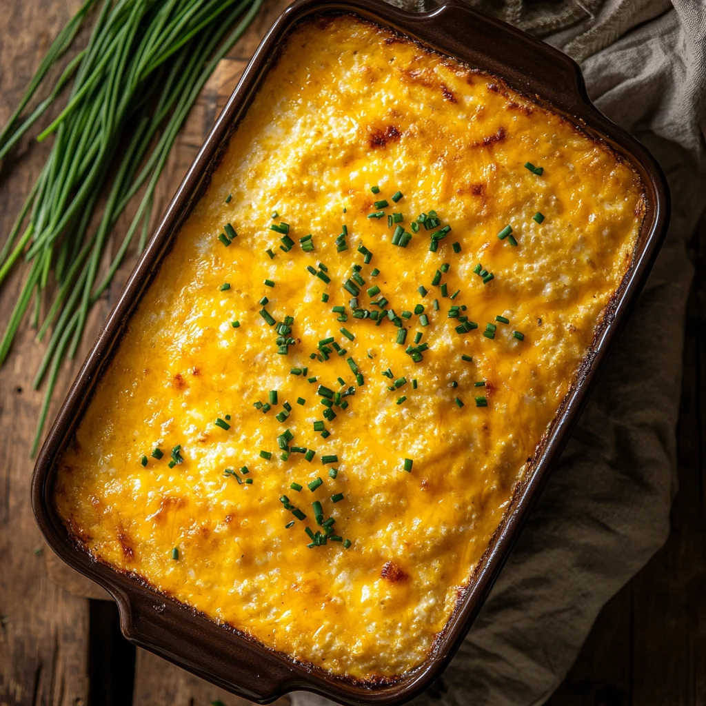 Golden brown Breakfast Grits Casserole with melted cheddar cheese and chives.