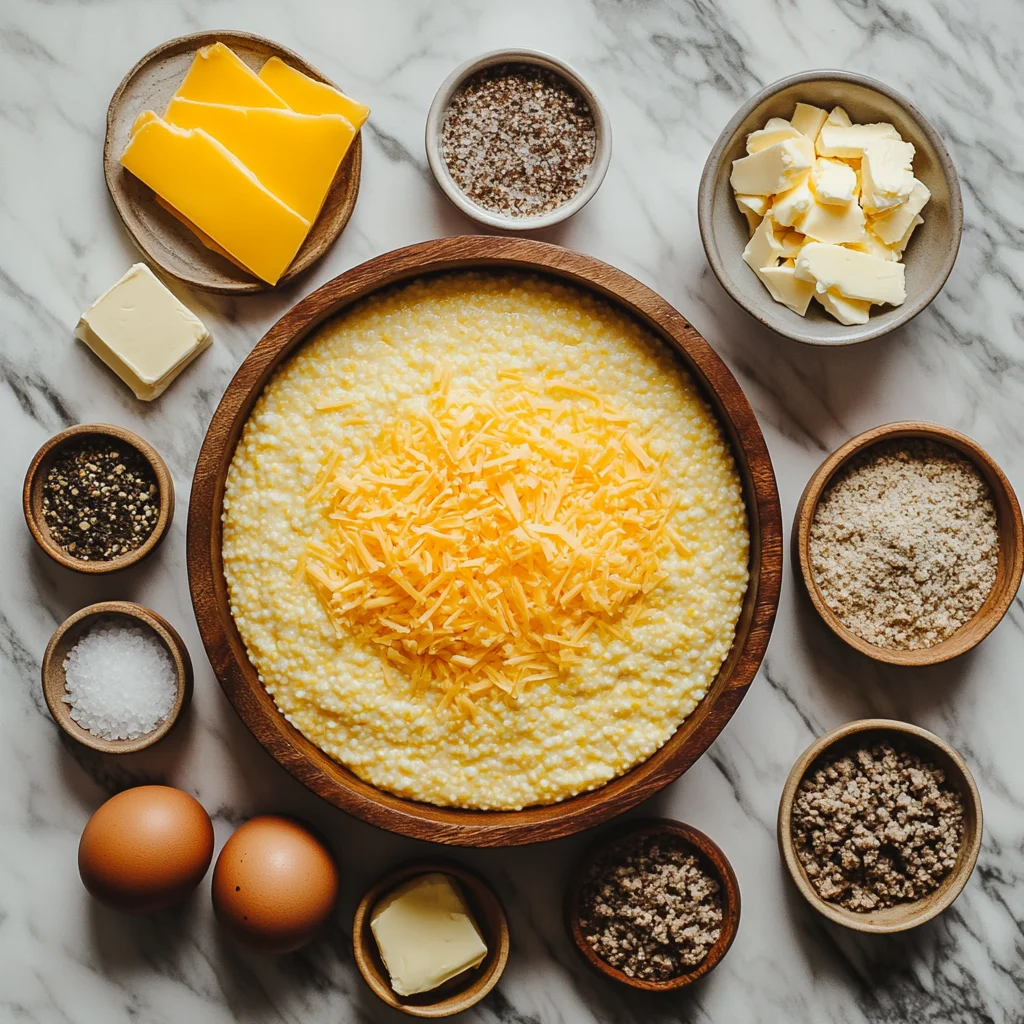 Ingredients for Breakfast Grits Casserole: grits, cheese, eggs, sausage, butter, and seasonings.