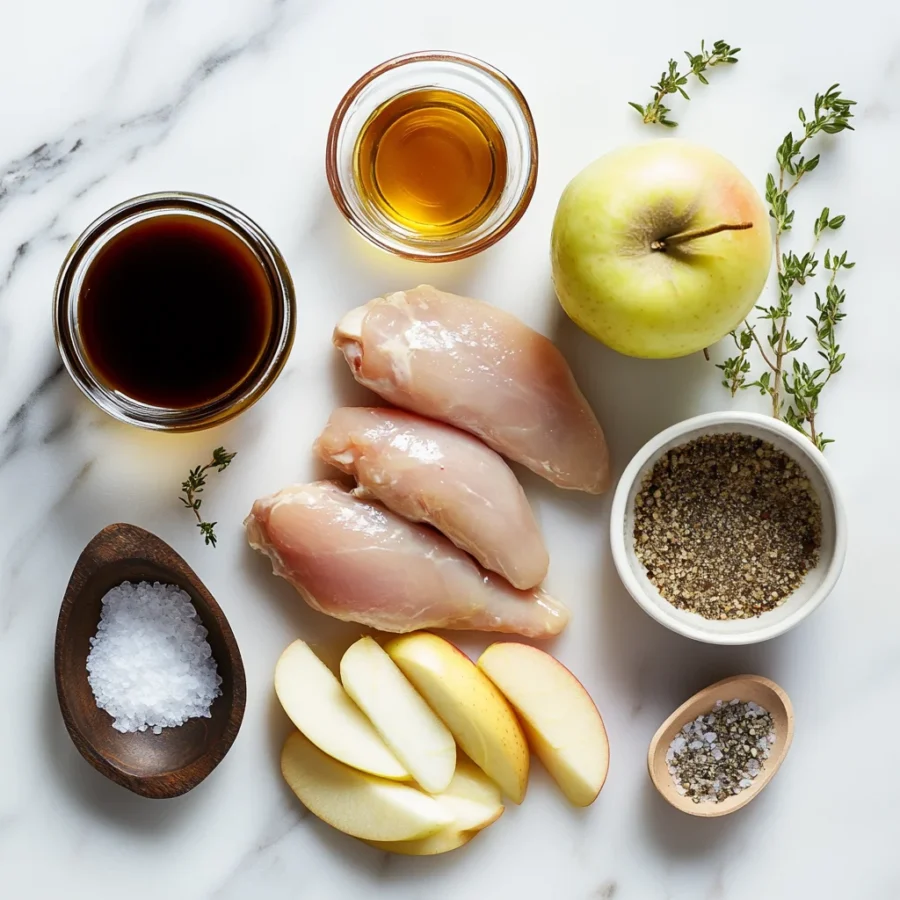 Ingredients for apple honey glazed chicken: chicken tenders, apple, honey, soy sauce, vinegar, garlic, and spices
